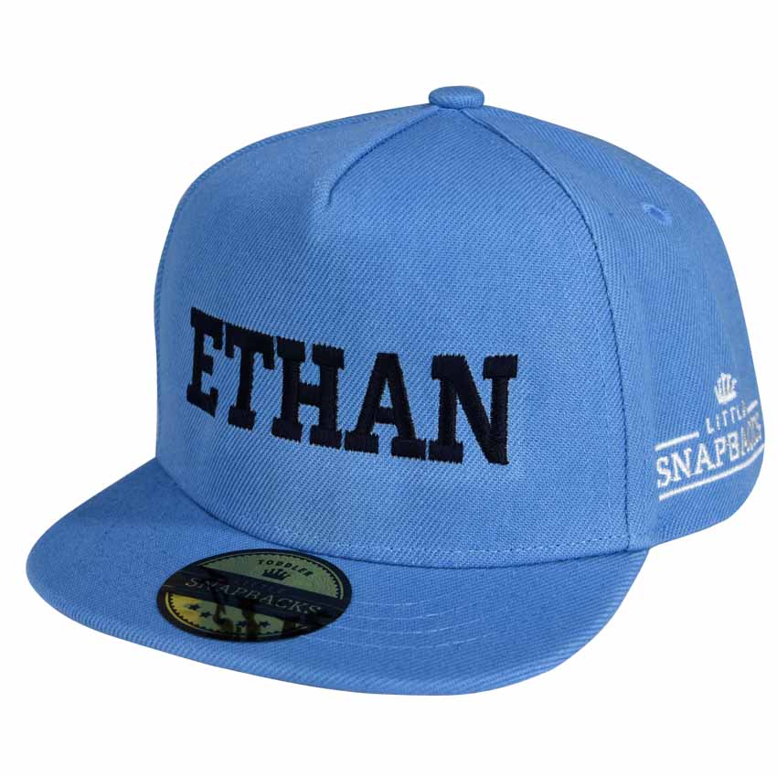 Personalised Kids Hats - Sky Blue Snapback - Black Thread