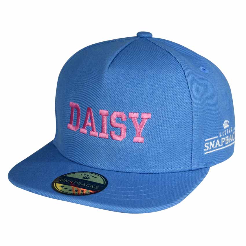 Personalised Kids Hats - Sky Blue Snapback - Light Pink Thread
